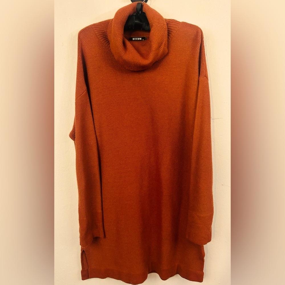 BTFBM Women's Long Sleeve Turtleneck Sweater, rust/orange, Winter Sweater Dress